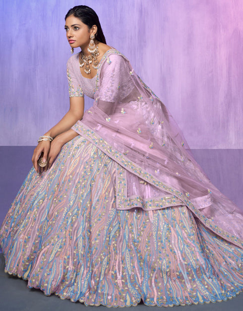 Designer Wedding Wear Heavy Lehenga Choli Collection Lavender Organza Lehenga Choli Back View